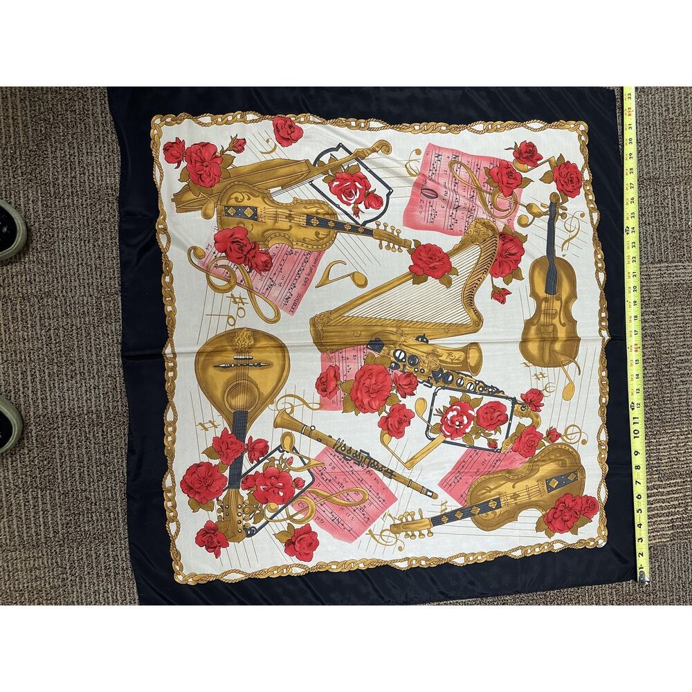 French Silk Square Scarf Womens Multicolor Floral Music Instrument Art 35" Paris
